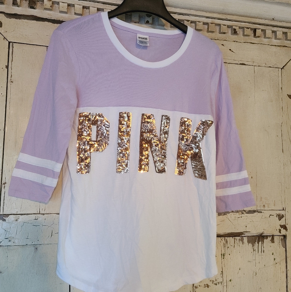 PINK Bling three quarter sleeve Tee Shirt sequins L